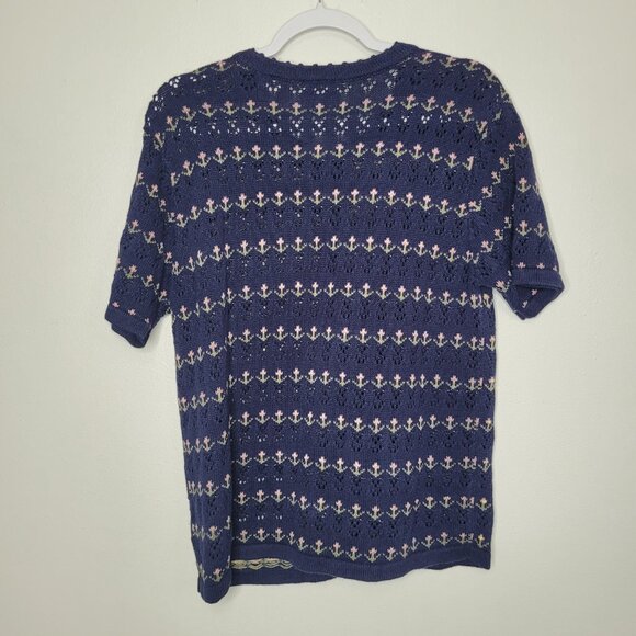 Vintage 90s blue green open knit button front flower print grandmacore sweater s - Picture 2 of 7